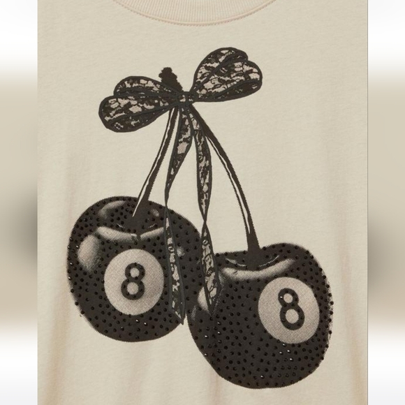 NWT Torrid Beige Short Sleeve Tee with Black Jeweled 8-Ball Cherries Graphic - Picture 2 of 6